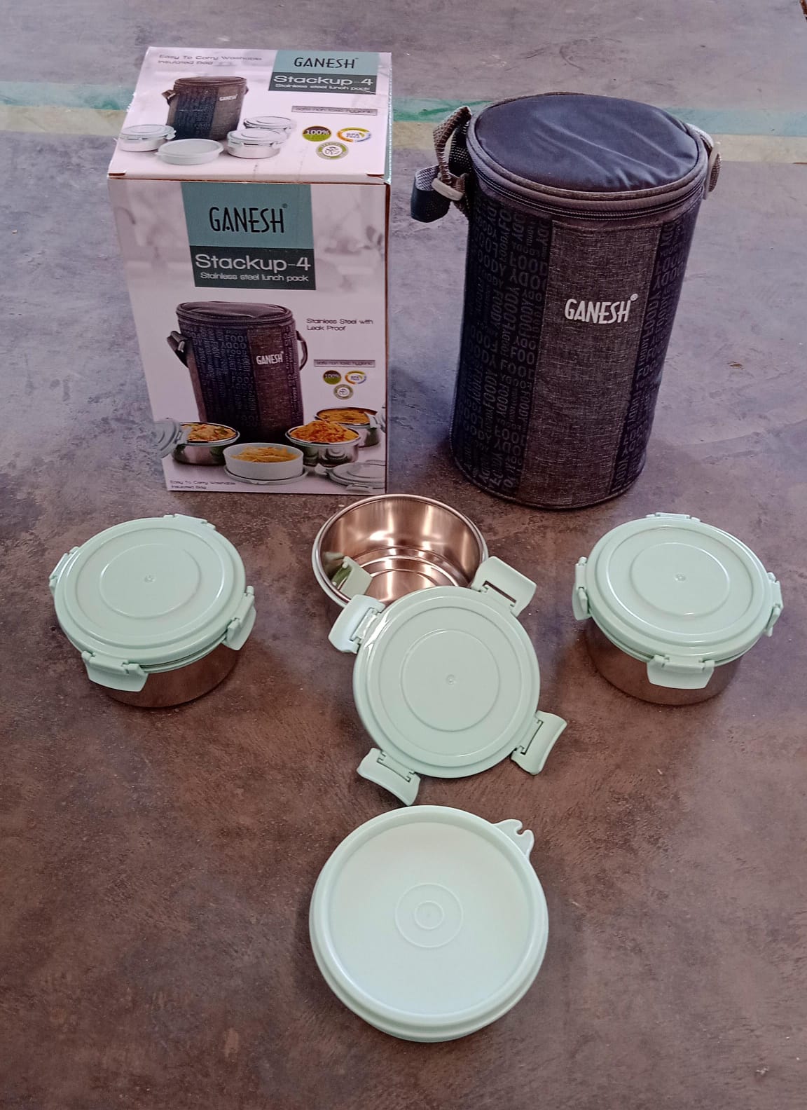 Ganesh 4In1 Tiffin Box-Lunch Box | 3 Stainless Steel Containers 300 Ml Approx & Plastic Salad Container 200 Ml Approx| Plastic lid Box | Round Zip Bag | Leak Proof | Microwave Safe for Office, College and School for Men, WomenÂÂ