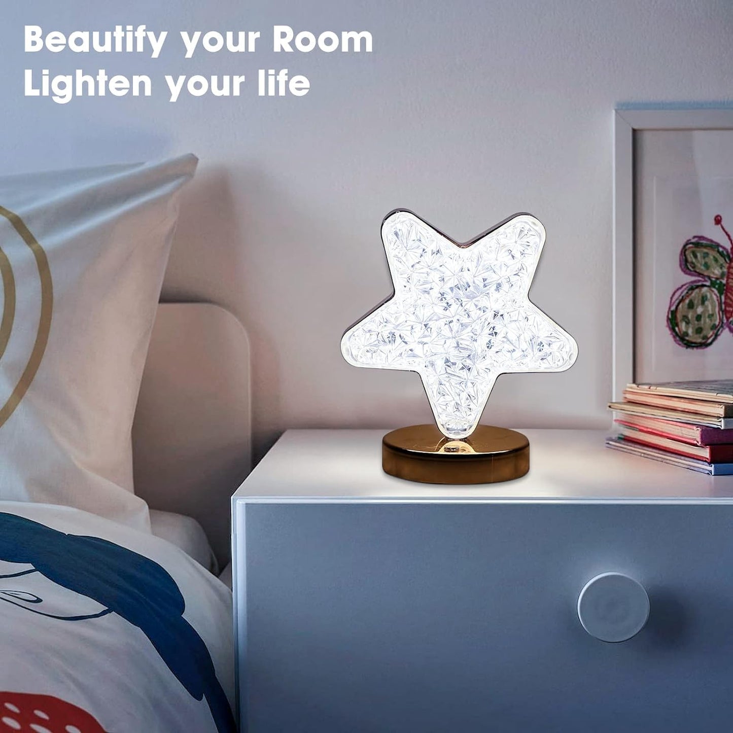 12571 Star Shape Crystal Diamond Lamp Cordless Luxury Lamp With Usb Rechargeable 3-way Dimmable Touch Control Decorative Nightstand Lamp For Bedroom Living Room Party Restaurant Decor (1 Pc )
