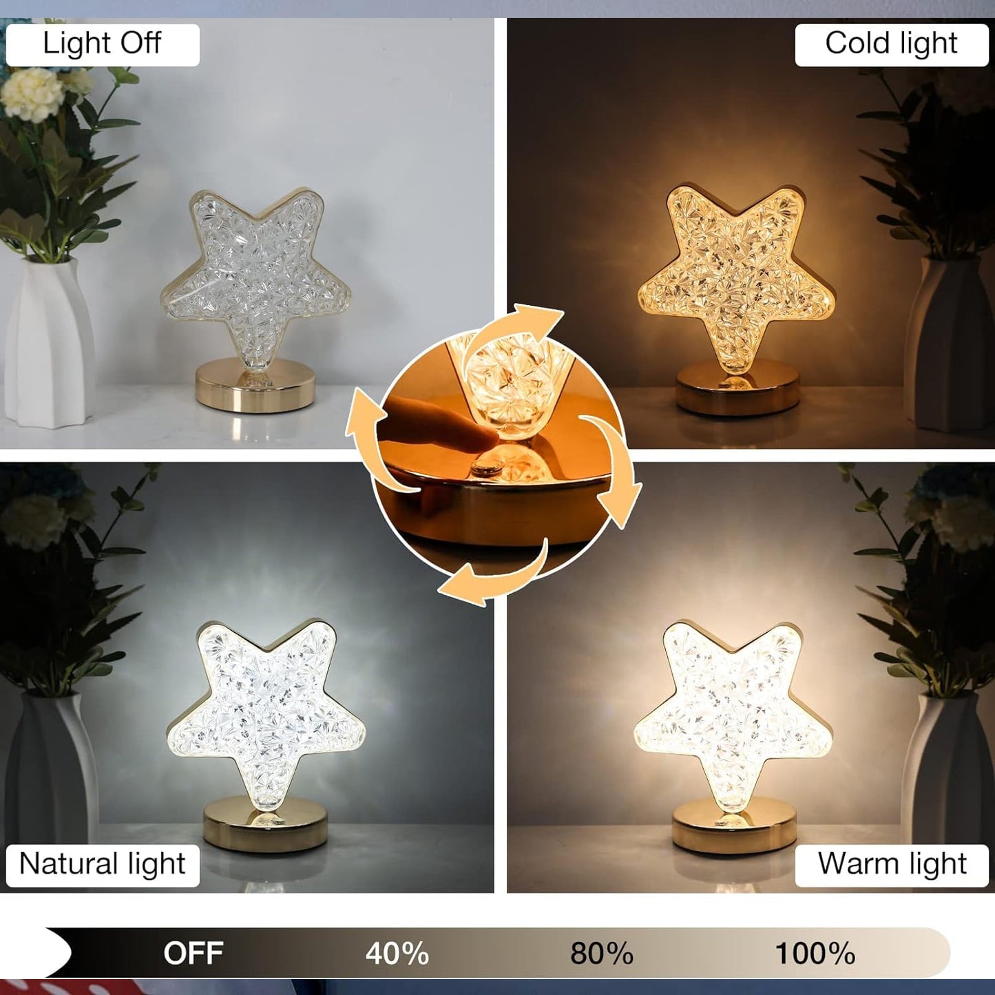 12571 Star Shape Crystal Diamond Lamp Cordless Luxury Lamp With Usb Rechargeable 3-way Dimmable Touch Control Decorative Nightstand Lamp For Bedroom Living Room Party Restaurant Decor (1 Pc )