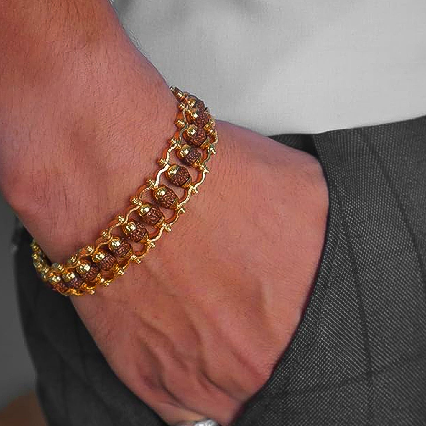 Rudraksha Rakhi For Brother Golden Modern Rudraksha Bracelet Rakhi (1 Pc)