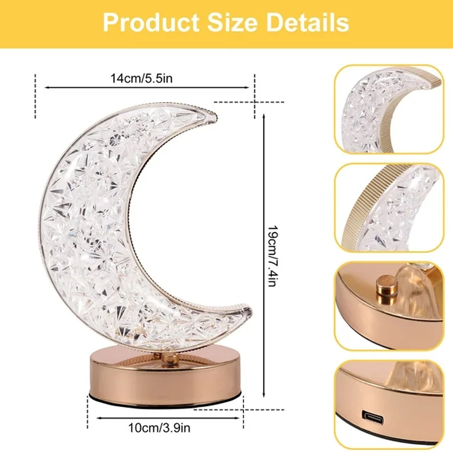 12570 Crystal Table Lamp Moon Shape Touch Control Lamp With 3 Color Metal Bedside Lamp For Kids Bedroom Romantic Desktop Nightstand Stepless Dimming Usb Charging Touch Night Light