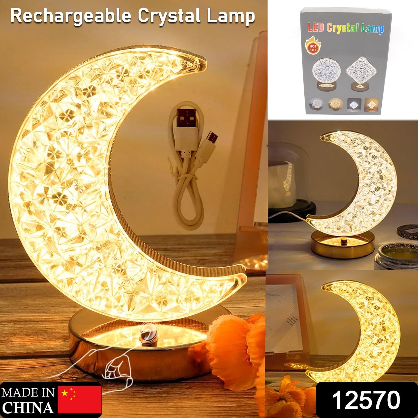 12570 Crystal Table Lamp Moon Shape Touch Control Lamp With 3 Color Metal Bedside Lamp For Kids Bedroom Romantic Desktop Nightstand Stepless Dimming Usb Charging Touch Night Light