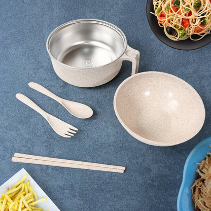 Rice Bowl Noodle Set Ã¢â‚¬â€œ 6 Pcs with Lid, Handle & Cutlery