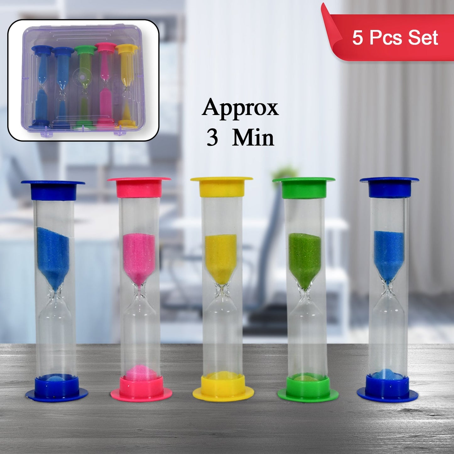 Plastic Hourglass Sand Timer Set Ã¢â‚¬â€œ 3-Min Sand Clock for Kitchen, Office, School & Kids (5 Pc)