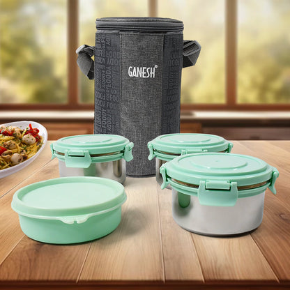 Ganesh 4In1Ã‚Â Tiffin Box-Lunch Box | 3 Stainless Steel Containers 300 Ml Approx & Plastic Salad Container 200 Ml Approx| Plastic lid Box | Round Zip Bag | Leak Proof | Microwave SafeÃ‚Â for Office, College and School for Men, WomenÃ‚Â 