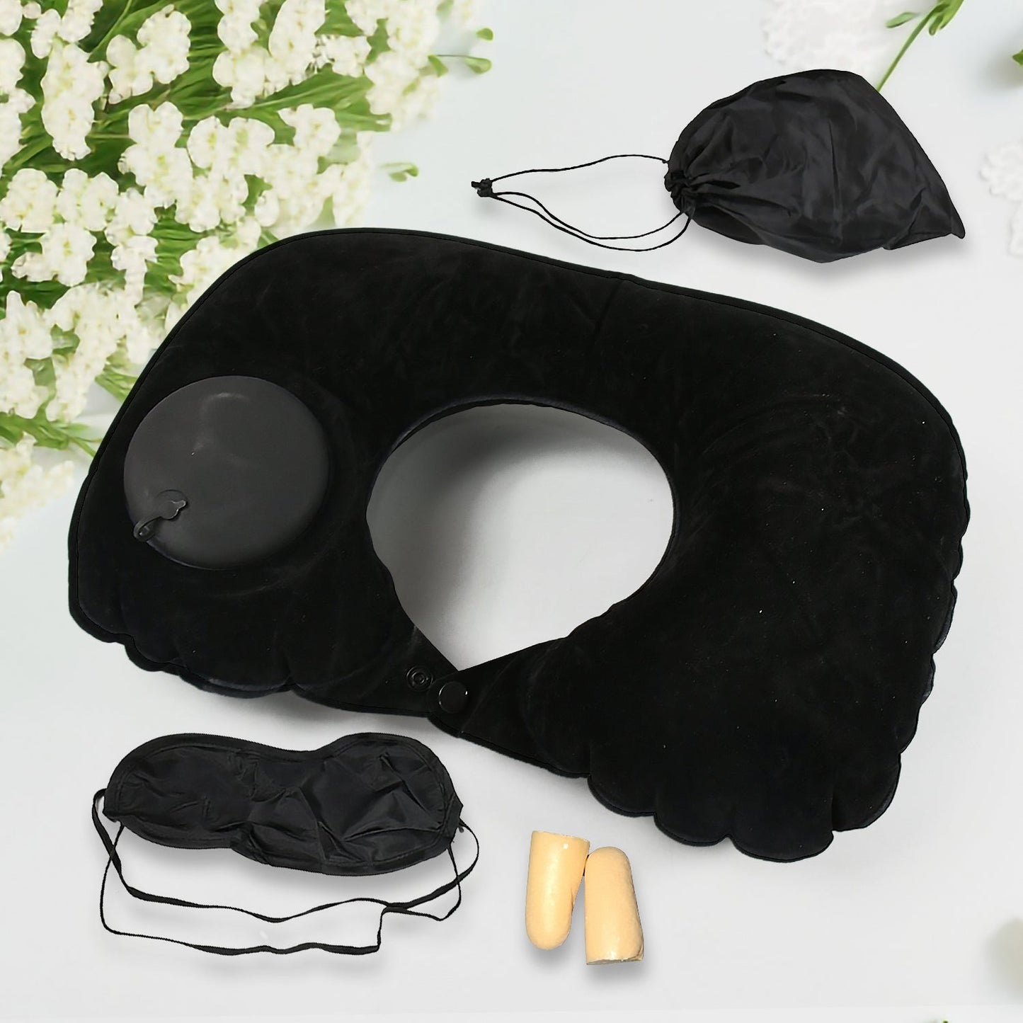 8512Ã‚Â 3 in 1 Comfortable Travel Sleeping Kit, Neck Pillow, Eye Mask & Ear Plug Set Inflatable Plane Sleeping Pillow Head Neck Support Pillows for Travel Airplane Office, Black
