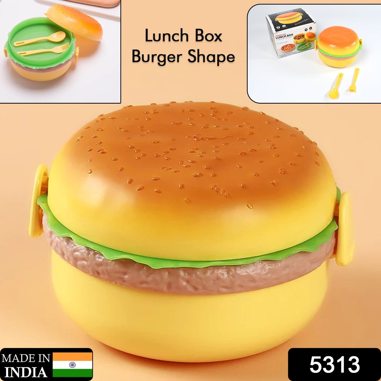 Burger Shape Lunch Box Ã¢â‚¬â€œ Double Layer 1000ml Food Container with 2 Spoons for Kids
