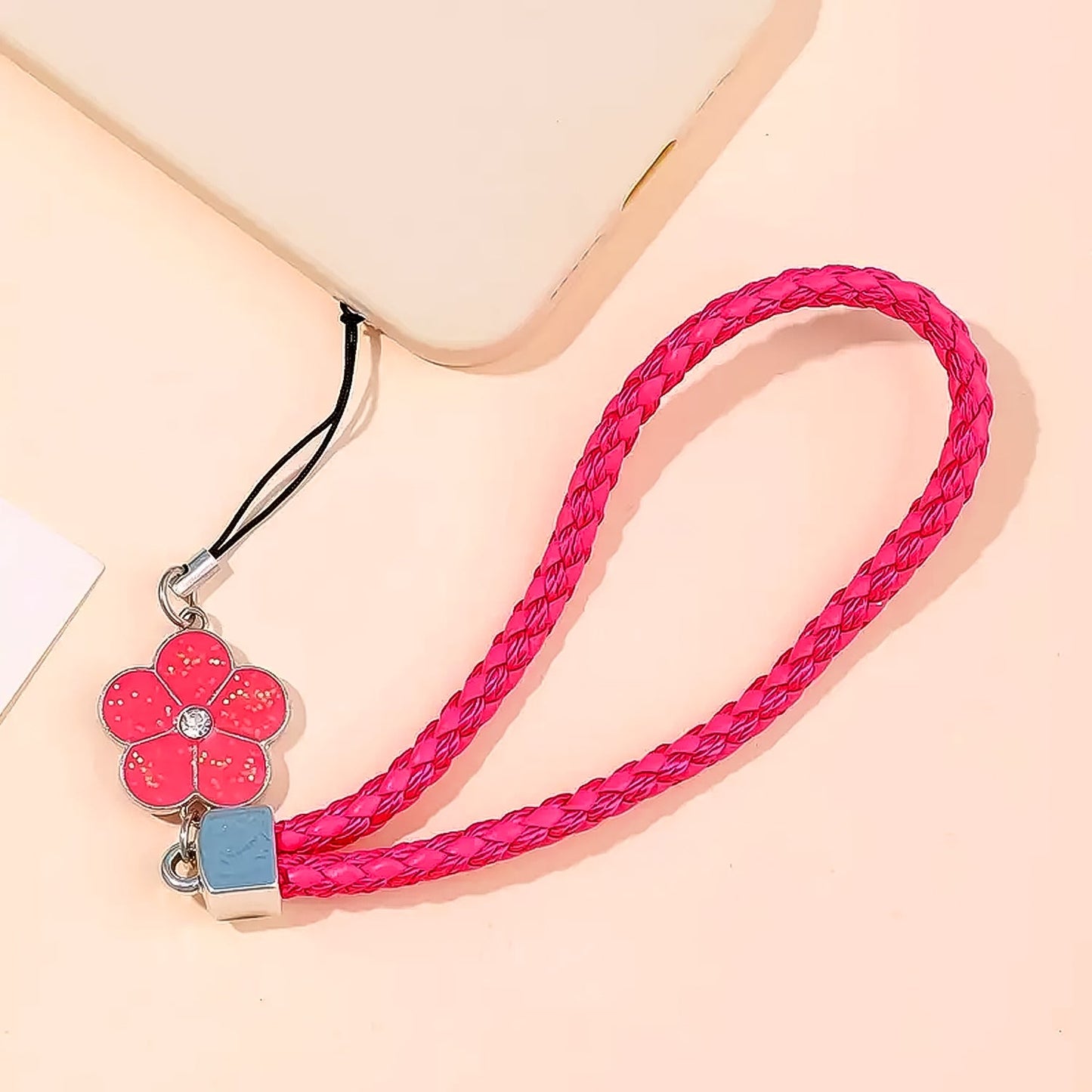 Flower Shape metal alloy pendant Nylon Braided leather hand strap lanyard phone (2 Pc / Multicolor)