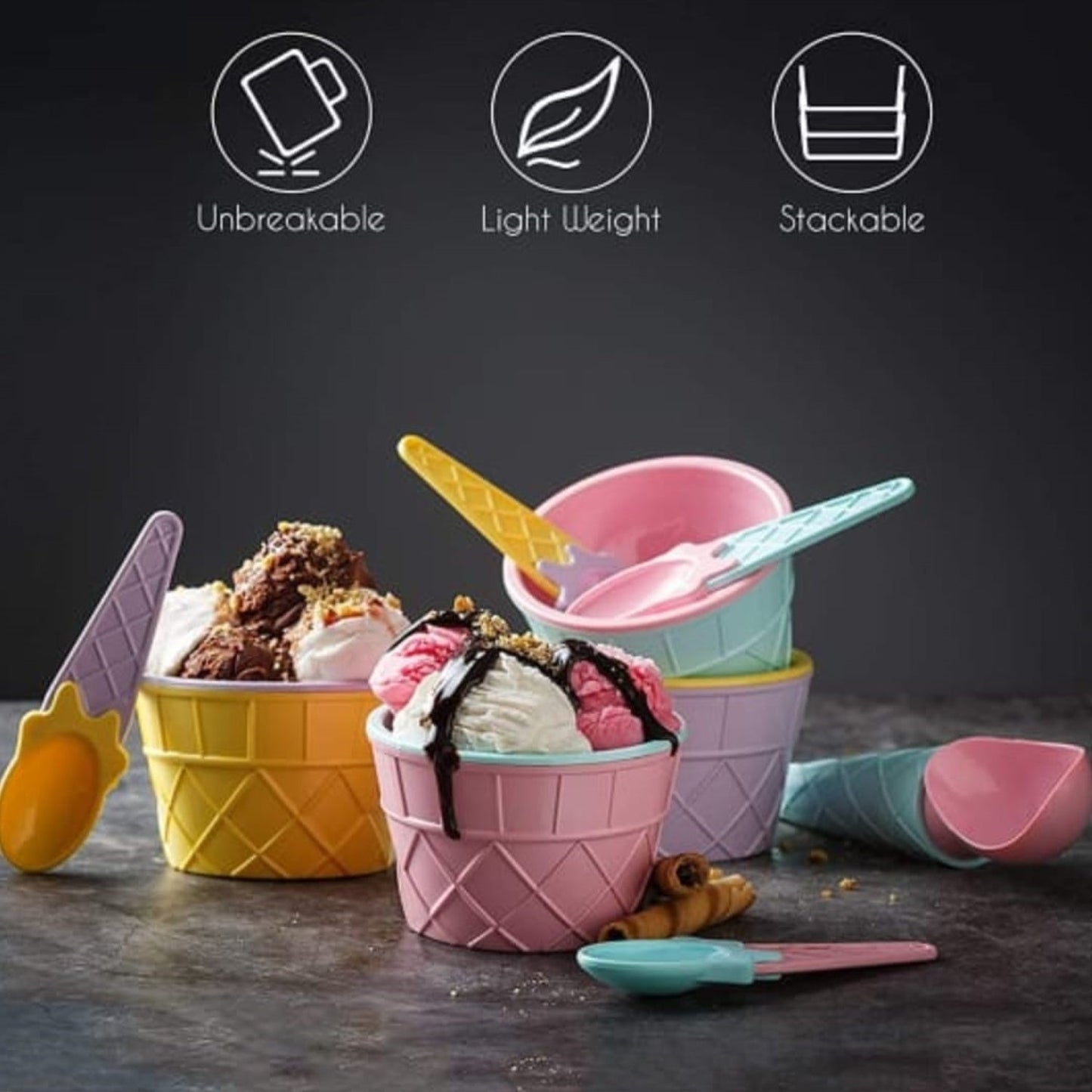 Premium Ice Cream Waffle Spoon Bowl Set (6-Piece , Color Box)