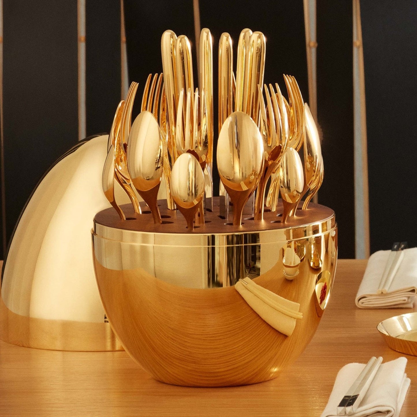 Premium Cutlery Set 24 Pcs with Oval Shaped Stand | Beautiful Stylish Oval Designed Cutlery Sets, Egg-Shaped Luxury Spoon Holder SetÃ‚Â  (Golden / 24 pcs set)