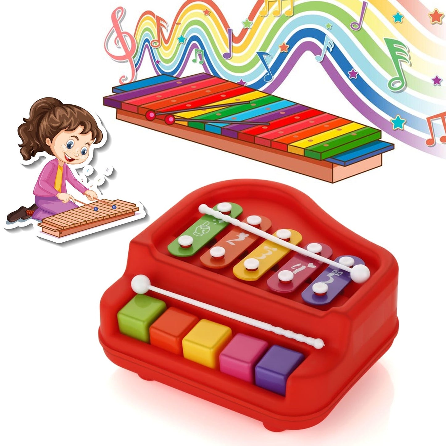 2 in 1 Baby Piano Xylophone Toy for Toddlers, 5 Multicolored Key Keyboard Xylophone Piano, Preschool Educational Musical Learning Instruments Toy for Baby Kids Girls Boys 3+ YearsÃ‚Â (1 Pc)