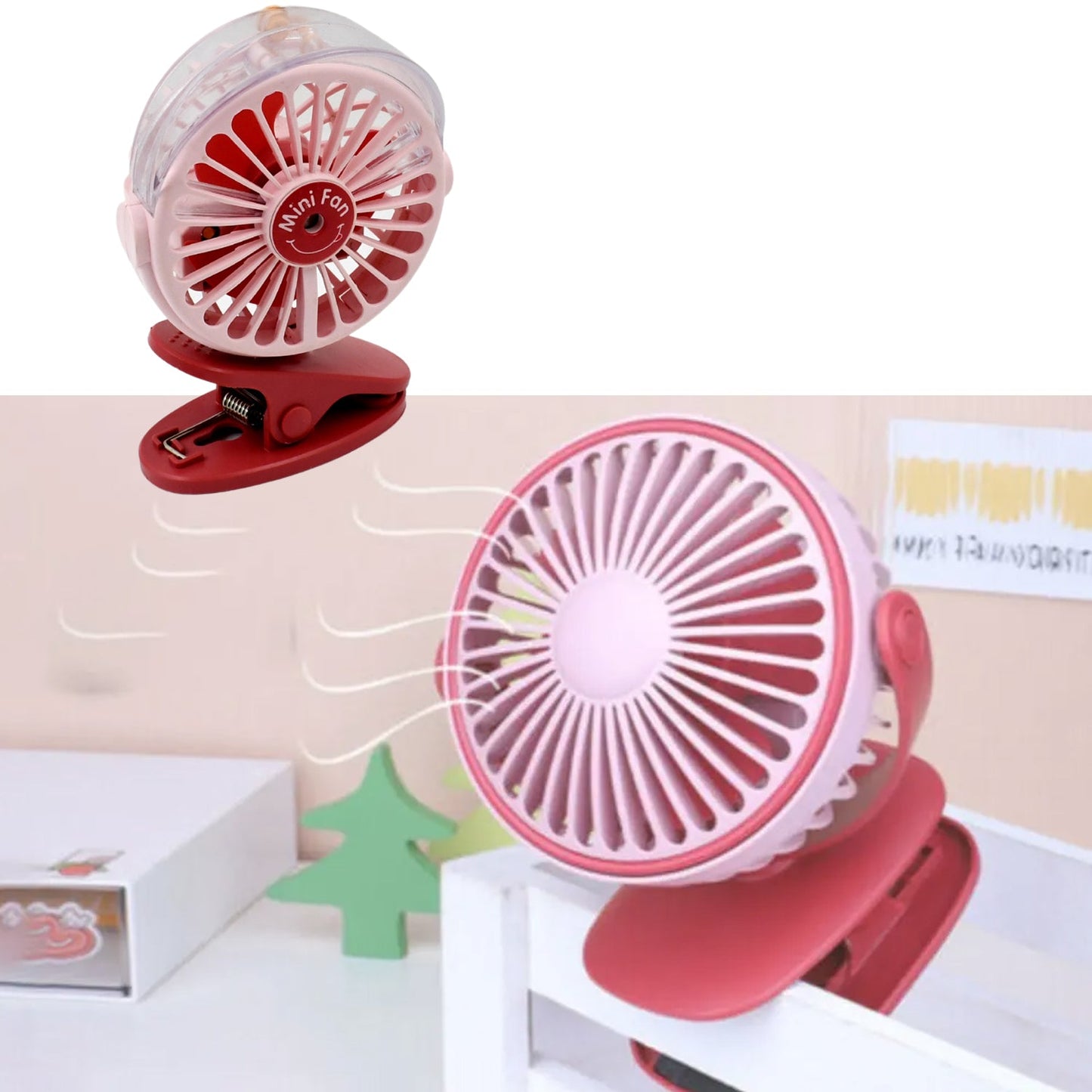 Portable Clip-on Fan, Battery Operated, With Light & Spray, Small Yet Powerful USB Table Fan, 3-Speed Quiet Rechargeable Mini Desk Fan, 360Ã‚Â° Rotation, Personal Cooling Fan for Home, Office, Camping