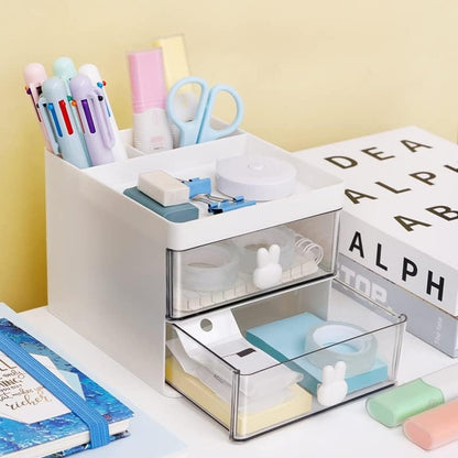 2 Layer 5 Compartment Desk Organizer with Transparent Drawer (1 Pc / 15Ãƒâ€”13Ãƒâ€”11 Cm)