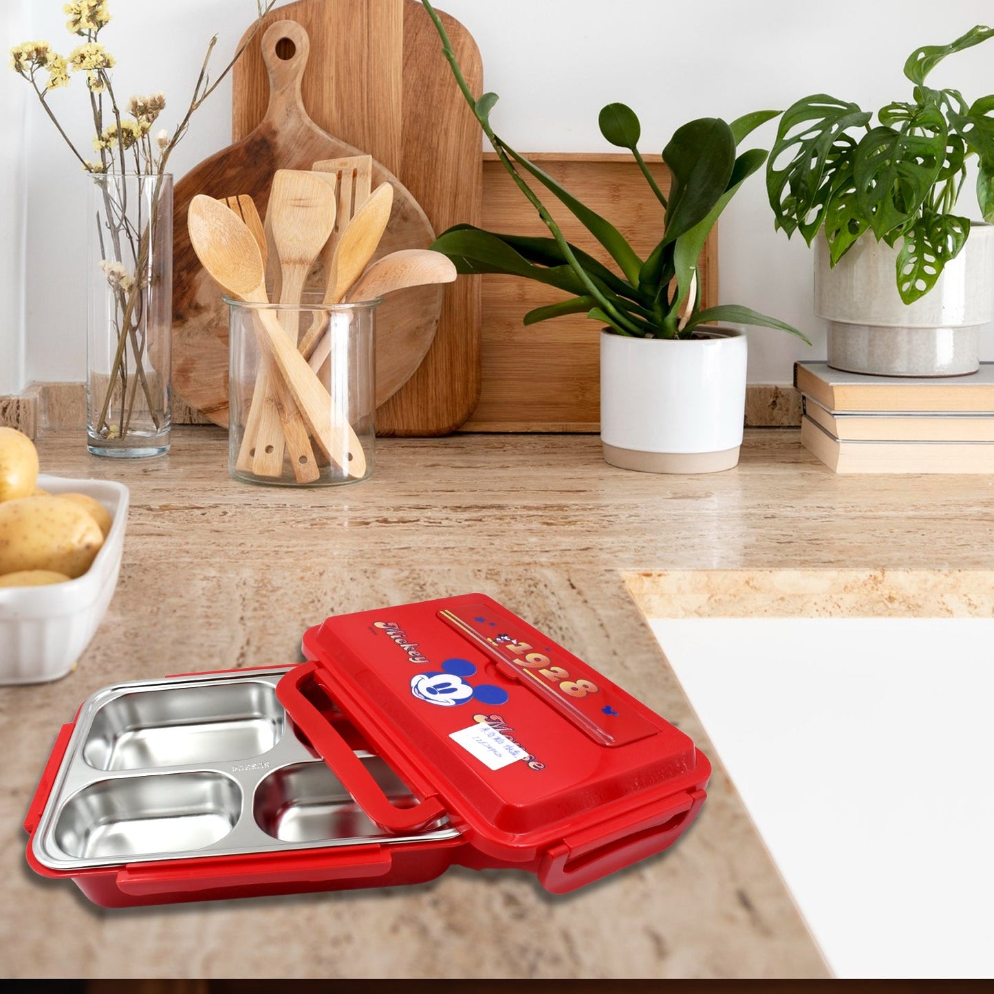 Cartoon Printed 4Ã‚Â Compartment Insulated Lunch Box Stainless Steel |Tiffin Box for Boys, Girls, School & Office MenÃ‚Â for Microwave  Freezer SafeÃ‚Â Adult Children Food Container (1 Pc)