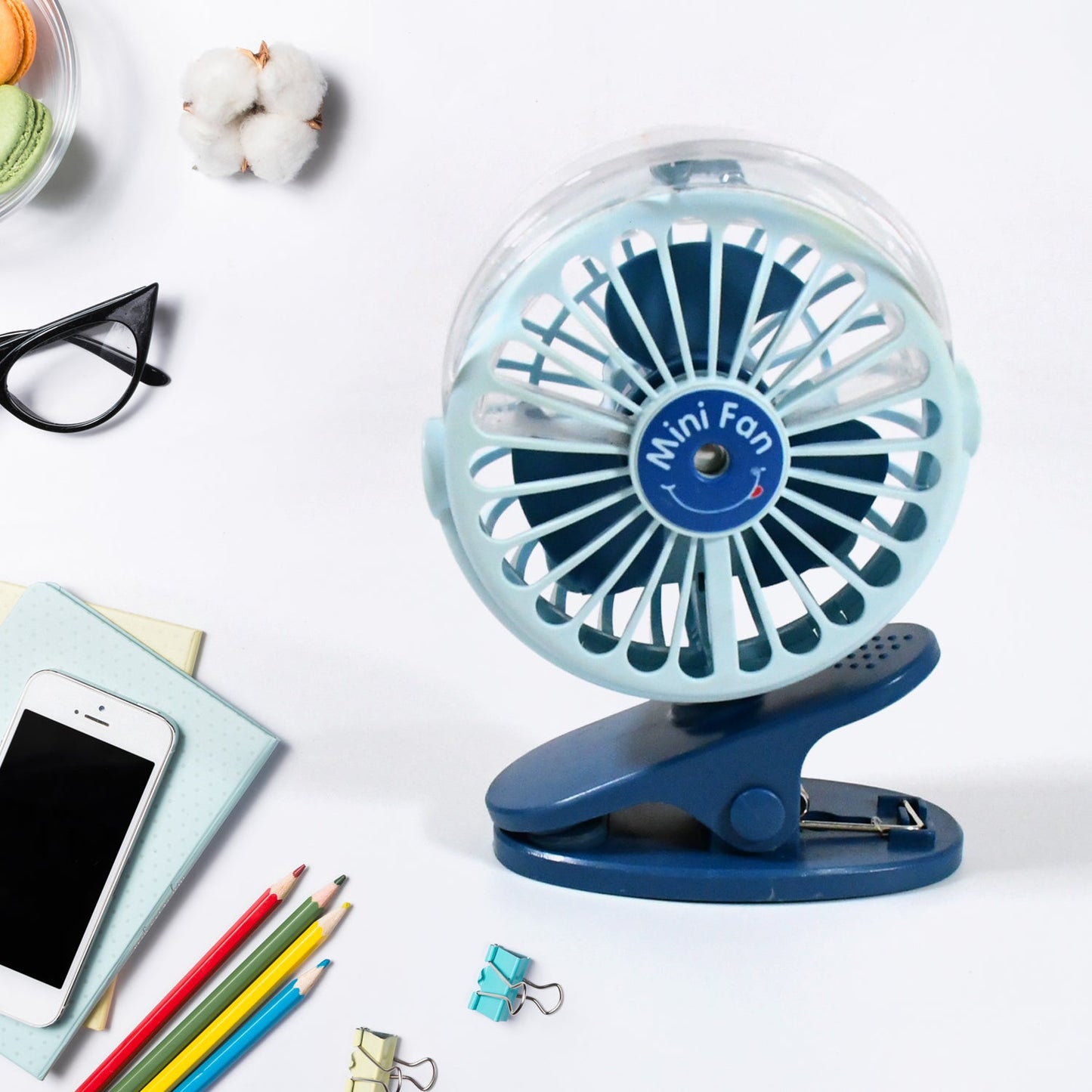Portable Clip-on Fan, Battery Operated, With Light & Spray, Small Yet Powerful USB Table Fan, 3-Speed Quiet Rechargeable Mini Desk Fan, 360Ã‚Â° Rotation, Personal Cooling Fan for Home, Office, Camping