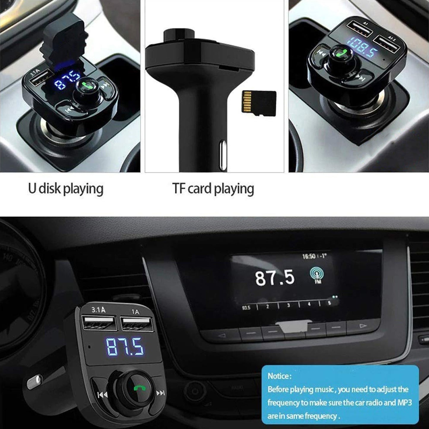 CAR-X8 Bluetooth FM Transmitter Kit for Hands-Free Call Receiver / Music Player / Call Receiver / Fast Mobile Charger Ports for All SmartphonesÃ‚Â with 3.1A Quick Charge Dual USB Car Charger