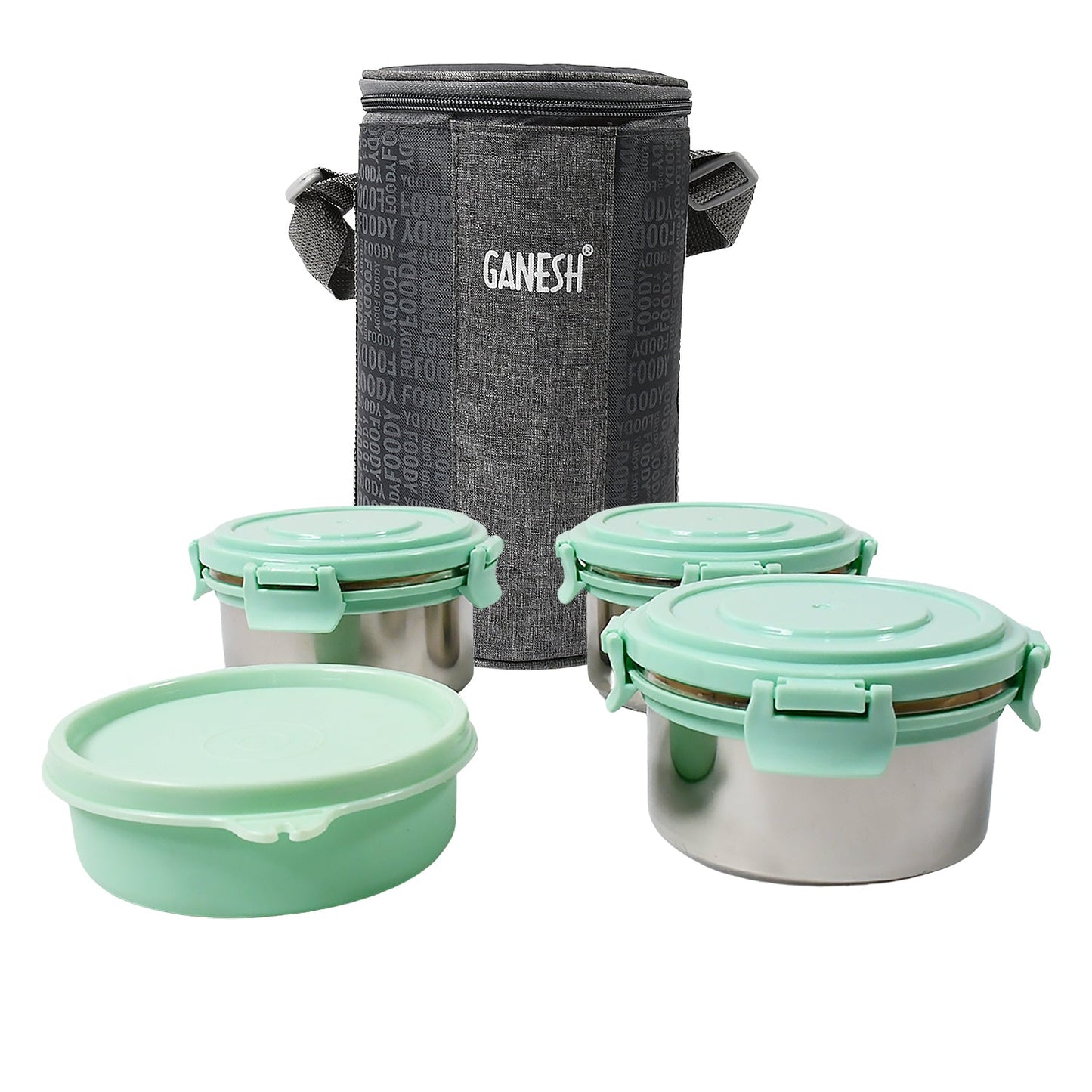 Ganesh 4In1Ã‚Â Tiffin Box-Lunch Box | 3 Stainless Steel Containers 300 Ml Approx & Plastic Salad Container 200 Ml Approx| Plastic lid Box | Round Zip Bag | Leak Proof | Microwave SafeÃ‚Â for Office, College and School for Men, WomenÃ‚Â 