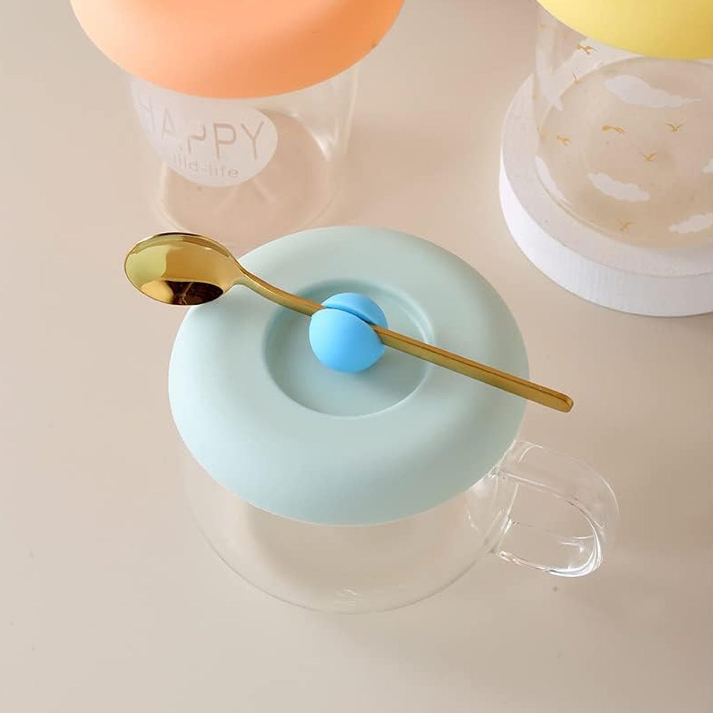 Cup / Mug Lid Dust Proof Silicone Rubber Airtight Seal (Cup & Spoon Not Included Only Lid/ 3 Pc)