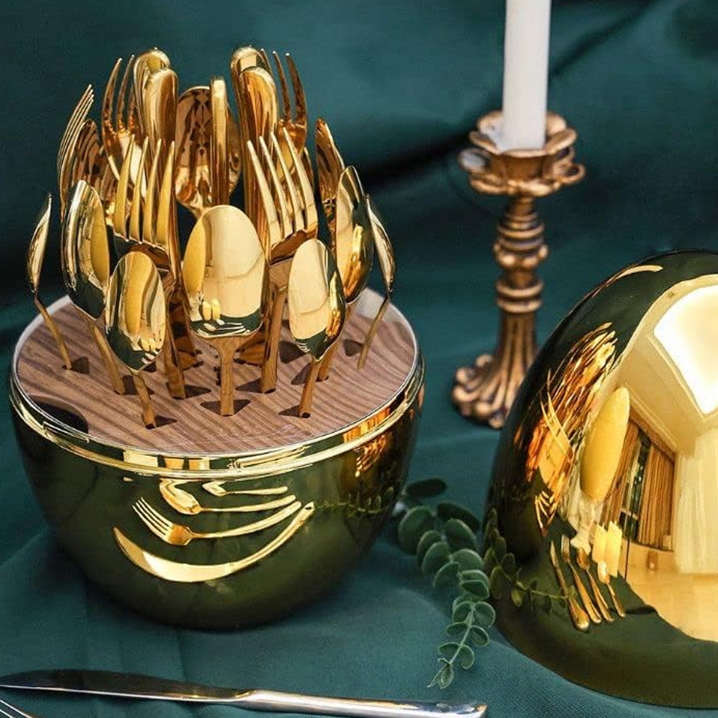 Premium Cutlery Set 24 Pcs with Oval Shaped Stand | Beautiful Stylish Oval Designed Cutlery Sets, Egg-Shaped Luxury Spoon Holder SetÃ‚Â  (Golden / 24 pcs set)