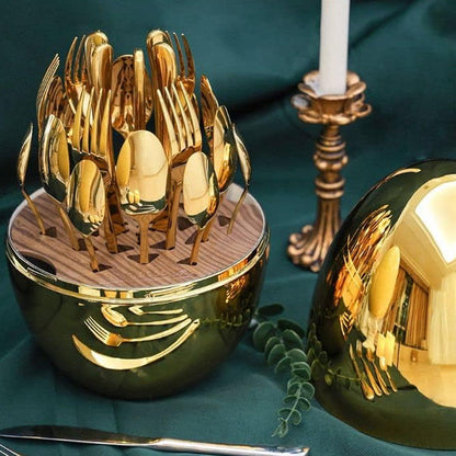 Premium Cutlery Set 24 Pcs with Oval Shaped Stand | Beautiful Stylish Oval Designed Cutlery Sets, Egg-Shaped Luxury Spoon Holder SetÃ‚Â  (Golden / 24 pcs set)
