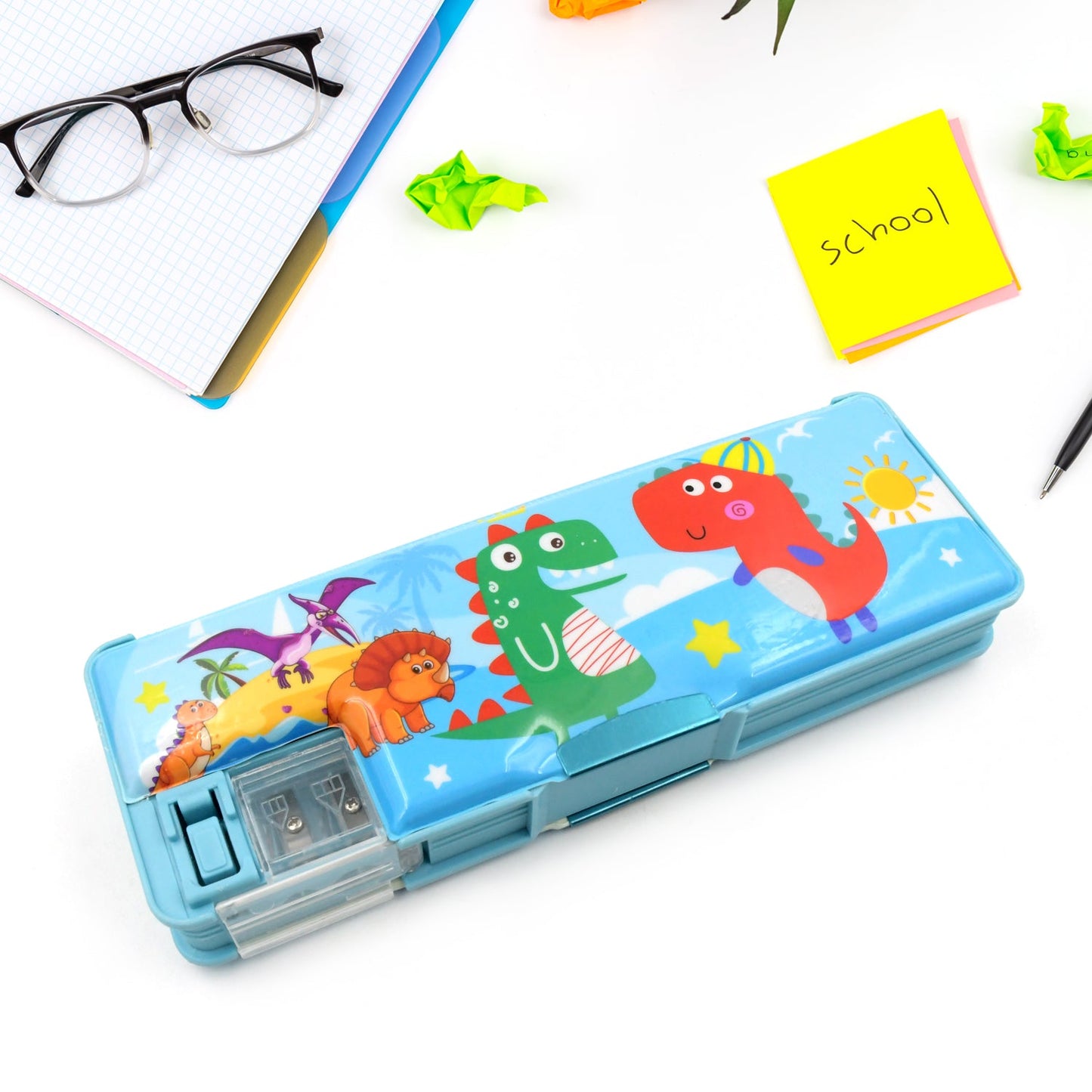 Plastic Multipurpose Compass Box Ã¢â‚¬â€œ Double Deck Pencil Case with 2 Compartments & Cartoon Organizer (1 Pc, Mix Design)