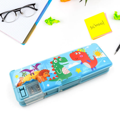 Plastic Multipurpose Compass Box Ã¢â‚¬â€œ Double Deck Pencil Case with 2 Compartments & Cartoon Organizer (1 Pc, Mix Design)