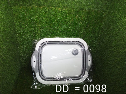 Foldable chopping board and dish rack with washing bowl and draining basket.