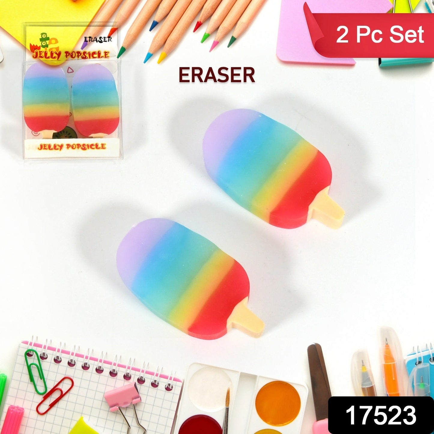 Jelly Popsicle Erasers Ã¢â‚¬â€œ Cute & Fancy Mini Erasers for Kids (2 Pc Set, Mix Design)