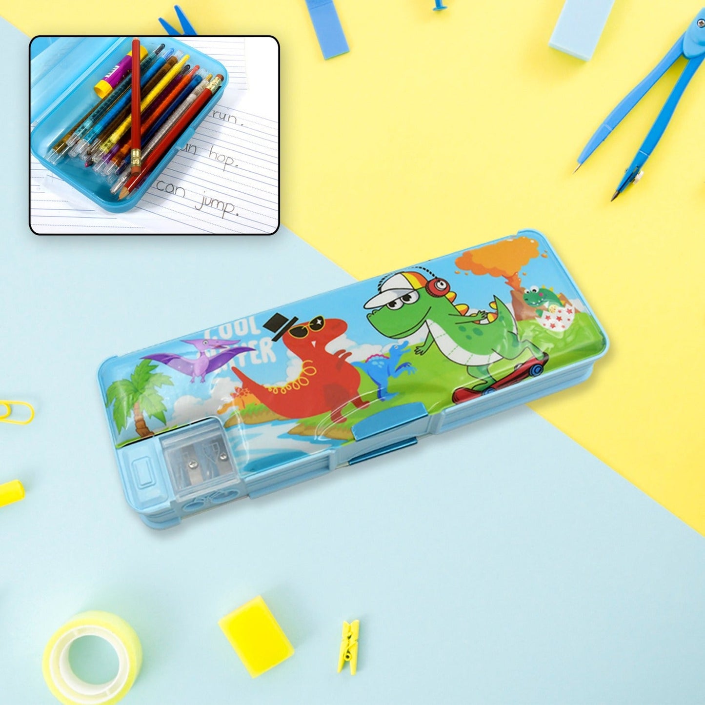 Plastic Multipurpose Compass Box Ã¢â‚¬â€œ Double Deck Pencil Case with 2 Compartments & Cartoon Organizer (1 Pc, Mix Design)