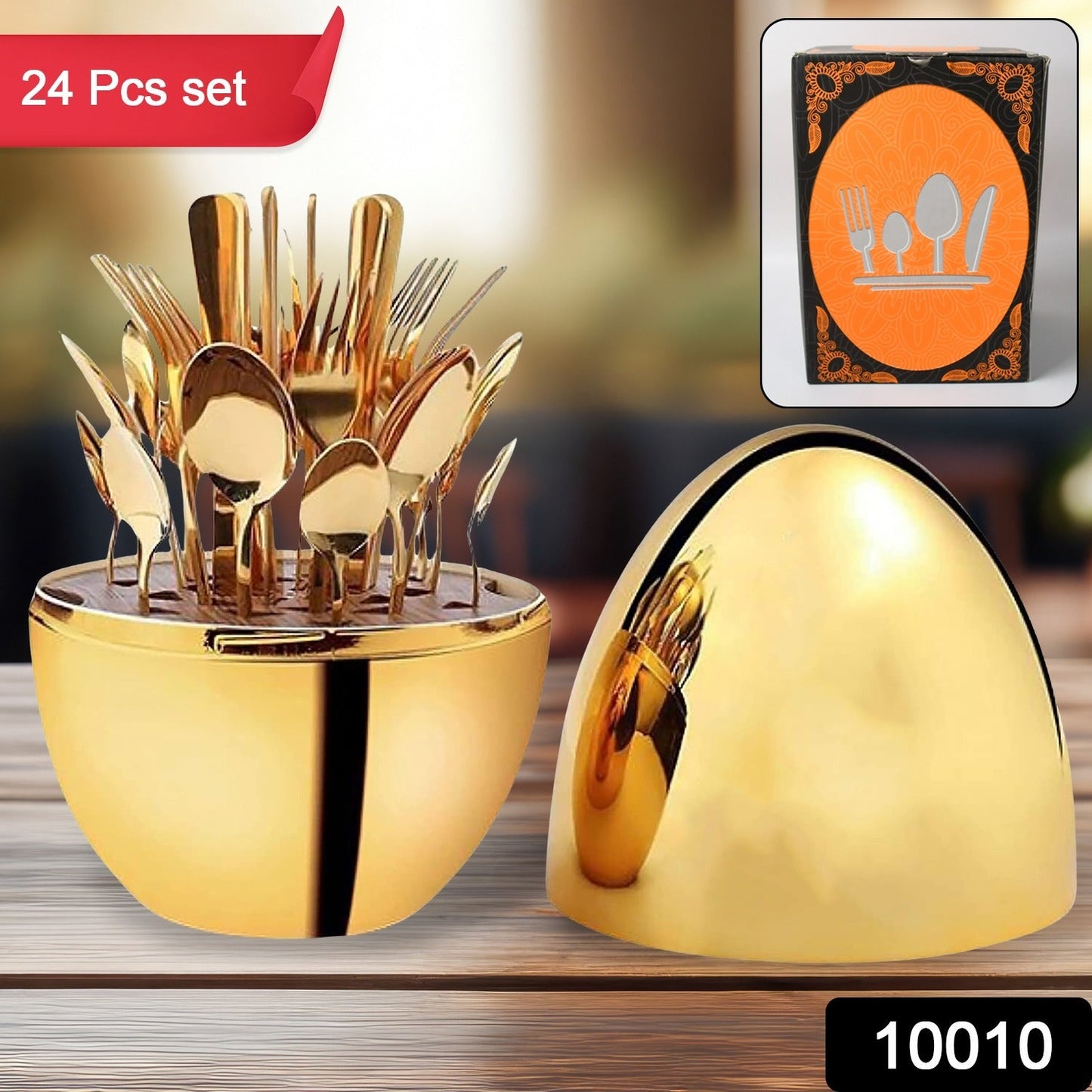 Premium Cutlery Set 24 Pcs with Oval Shaped Stand | Beautiful Stylish Oval Designed Cutlery Sets, Egg-Shaped Luxury Spoon Holder SetÃ‚Â  (Golden / 24 pcs set)
