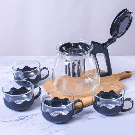 Glass kettle with cups and strainer set for home and cafÃ© use