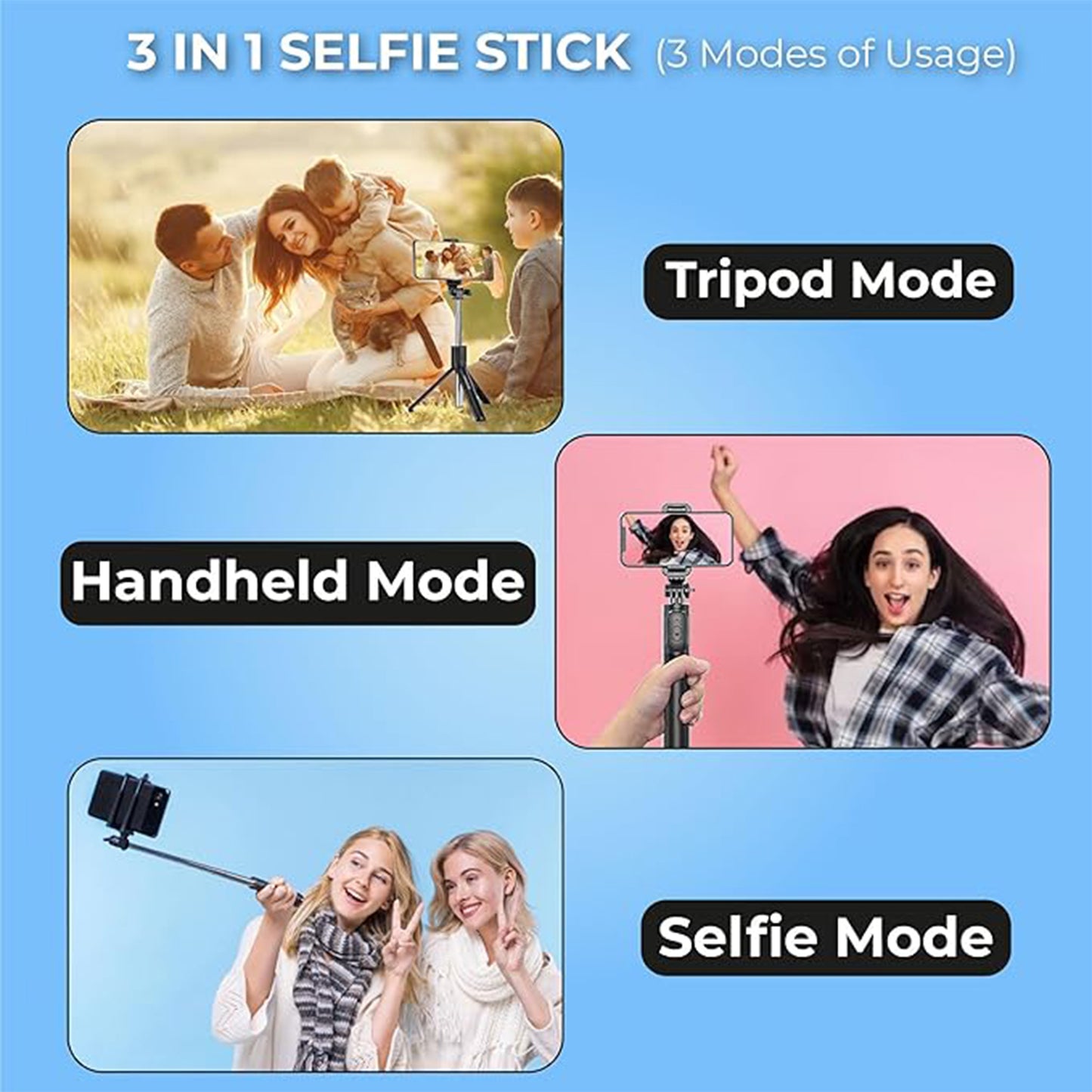 Selfie Stick With Tripod Stand (1 Pc  160 Cm Long Approx)
