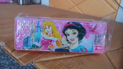 Plastic Multipurpose Compass Box Ã¢â‚¬â€œ Double Deck Pencil Case with 2 Compartments & Cartoon Organizer (1 Pc, Mix Design)