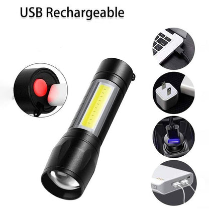 LED USB Rechargeable Mini Flashlight Ã¢â‚¬â€œ Ultra-Bright Zoom & COB Side Lantern, Tactical Emergency Light