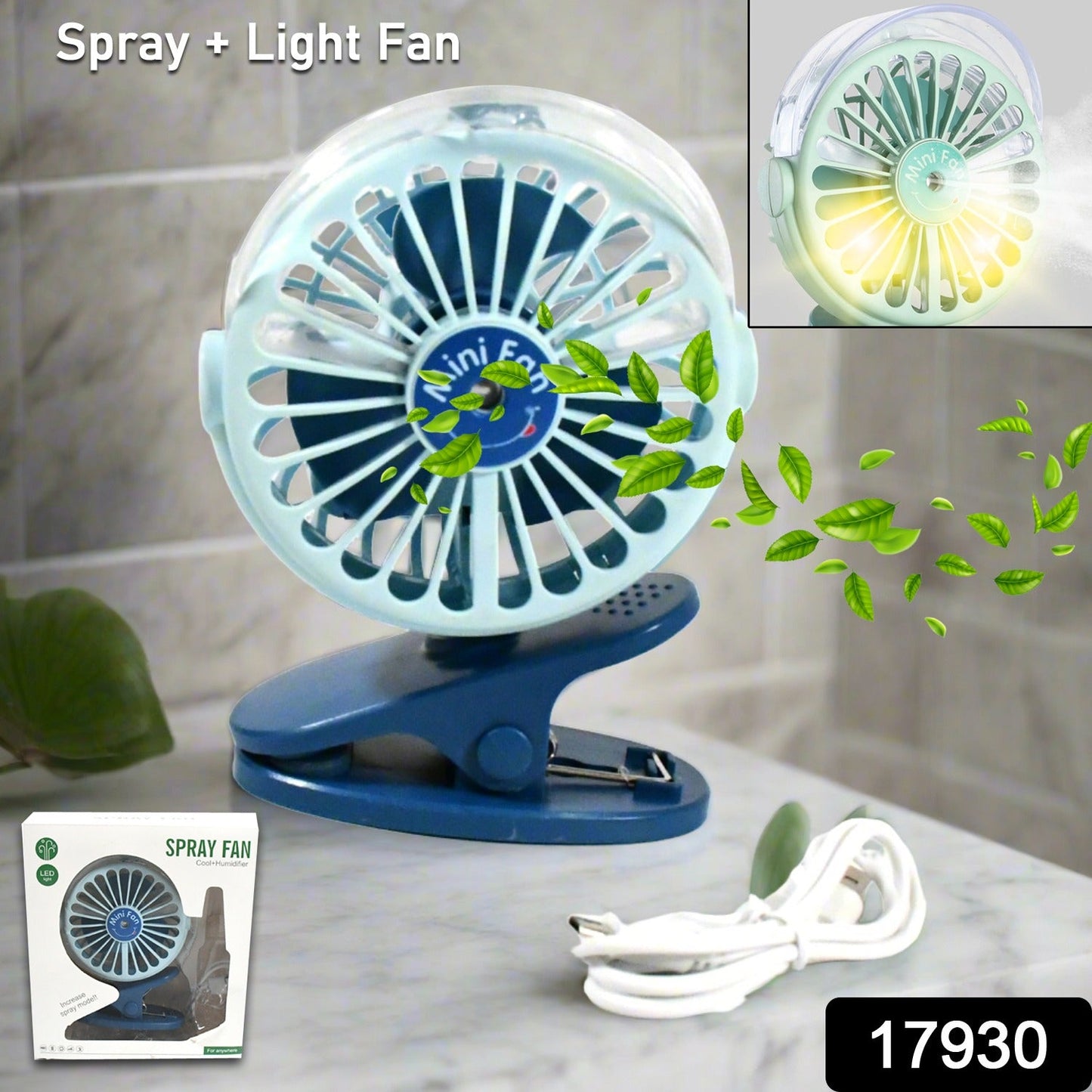 Portable Clip-on Fan, Battery Operated, With Light & Spray, Small Yet Powerful USB Table Fan, 3-Speed Quiet Rechargeable Mini Desk Fan, 360Ã‚Â° Rotation, Personal Cooling Fan for Home, Office, Camping