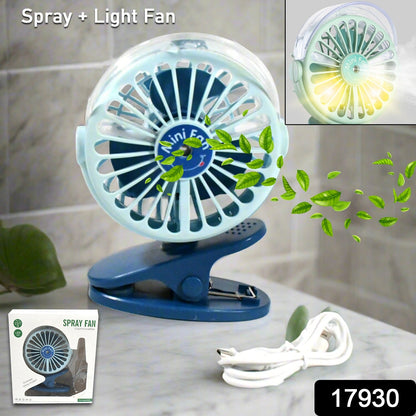 Portable Clip-on Fan, Battery Operated, With Light & Spray, Small Yet Powerful USB Table Fan, 3-Speed Quiet Rechargeable Mini Desk Fan, 360Ã‚Â° Rotation, Personal Cooling Fan for Home, Office, Camping