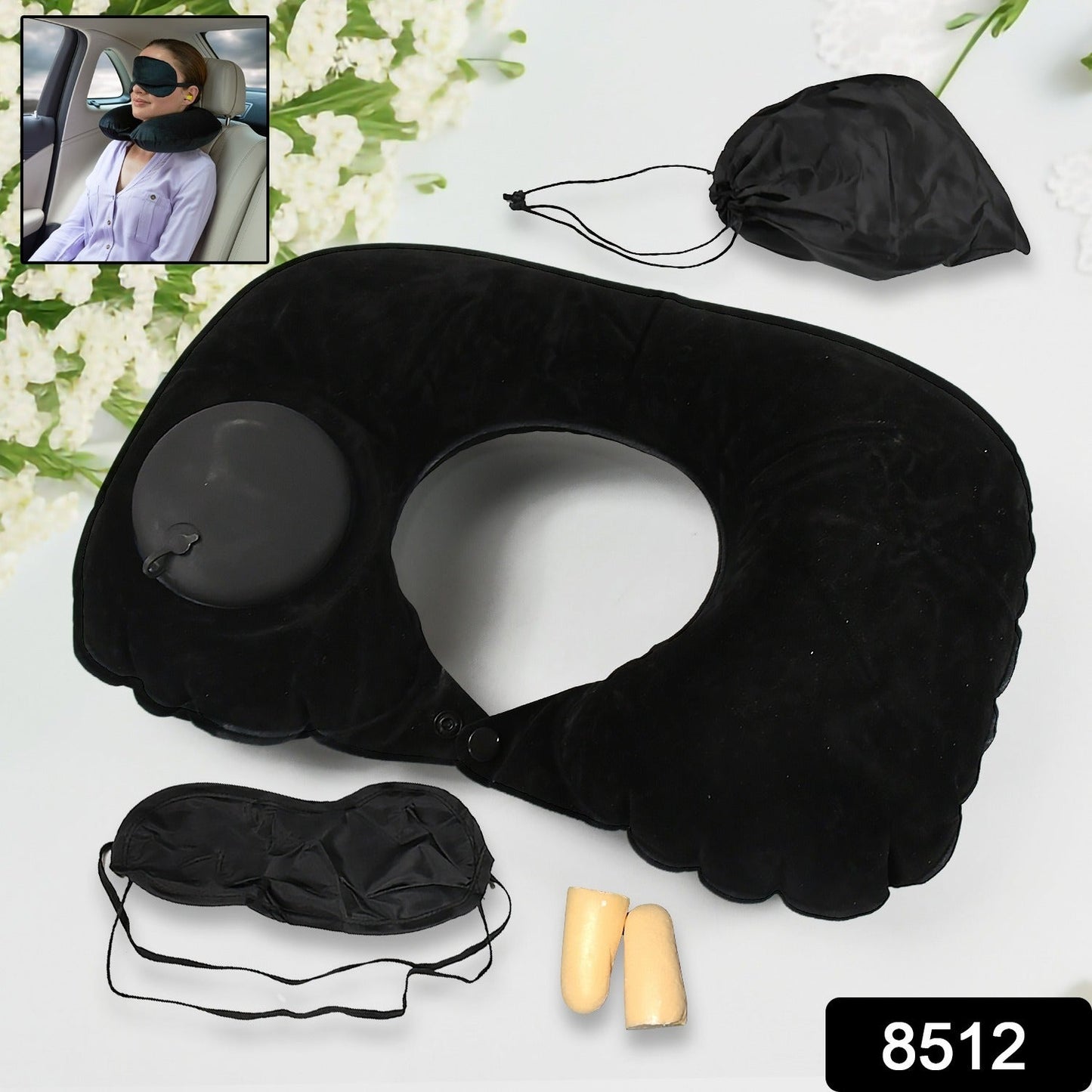 8512Ã‚Â 3 in 1 Comfortable Travel Sleeping Kit, Neck Pillow, Eye Mask & Ear Plug Set Inflatable Plane Sleeping Pillow Head Neck Support Pillows for Travel Airplane Office, Black