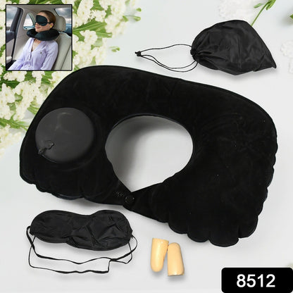 8512Ã‚Â 3 in 1 Comfortable Travel Sleeping Kit, Neck Pillow, Eye Mask & Ear Plug Set Inflatable Plane Sleeping Pillow Head Neck Support Pillows for Travel Airplane Office, Black