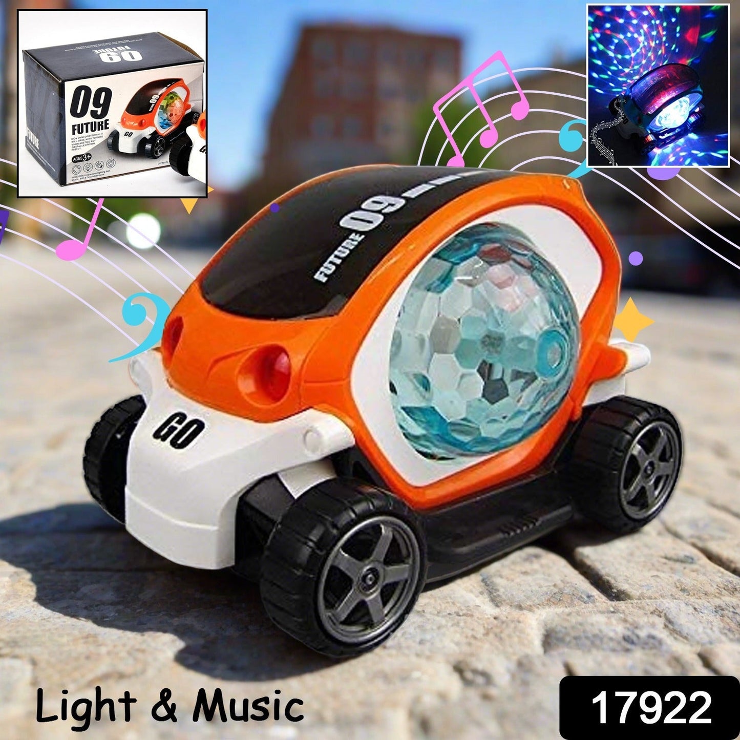 360Ã‚Â° Rotating Stunt Car Toy Ã¢â‚¬â€œ Bump & Go with 4D Lights, Music & Disco Ball (1 Pc, Battery Not Included)