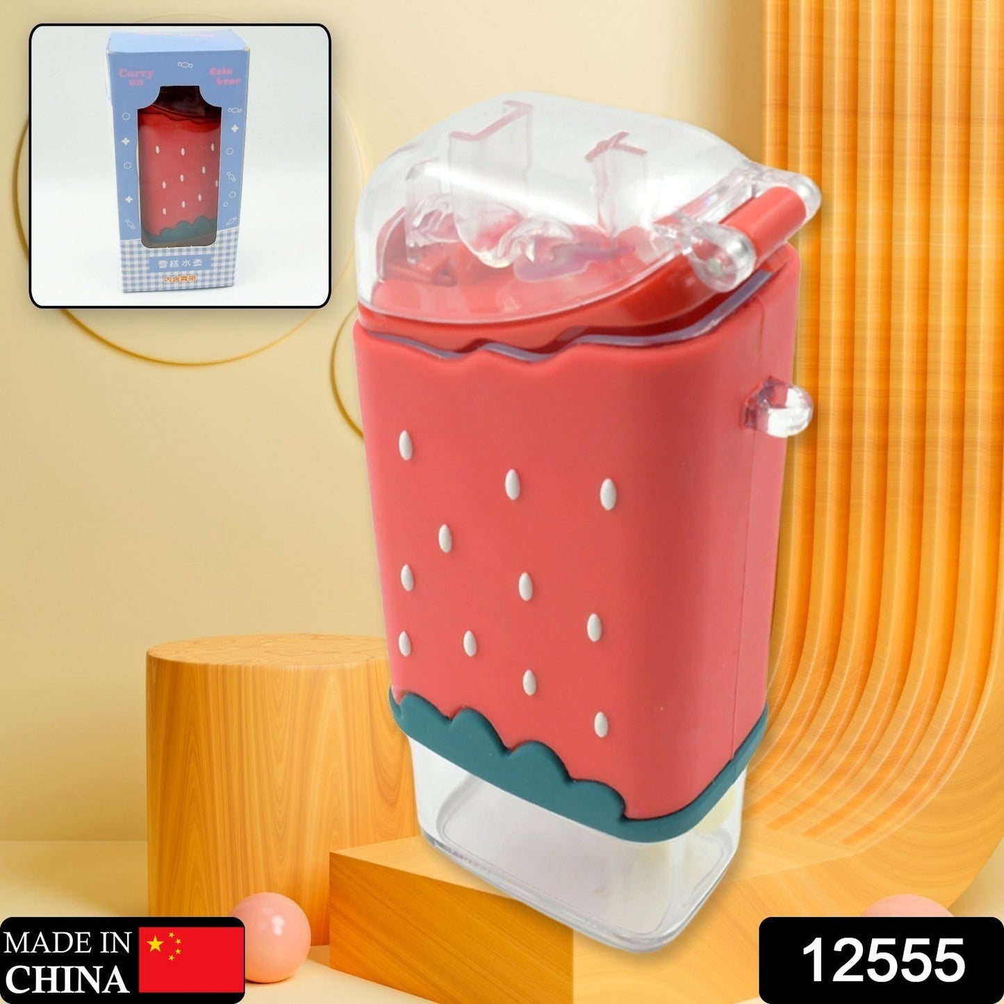 Portable Cute Water Bottle for Kids, Unique Ice Cream Shape water cup, sicle Shaped Plastic Kettle with Straw, Adjustable Shoulder Strap, BPA free, Leakproof (300 ML)