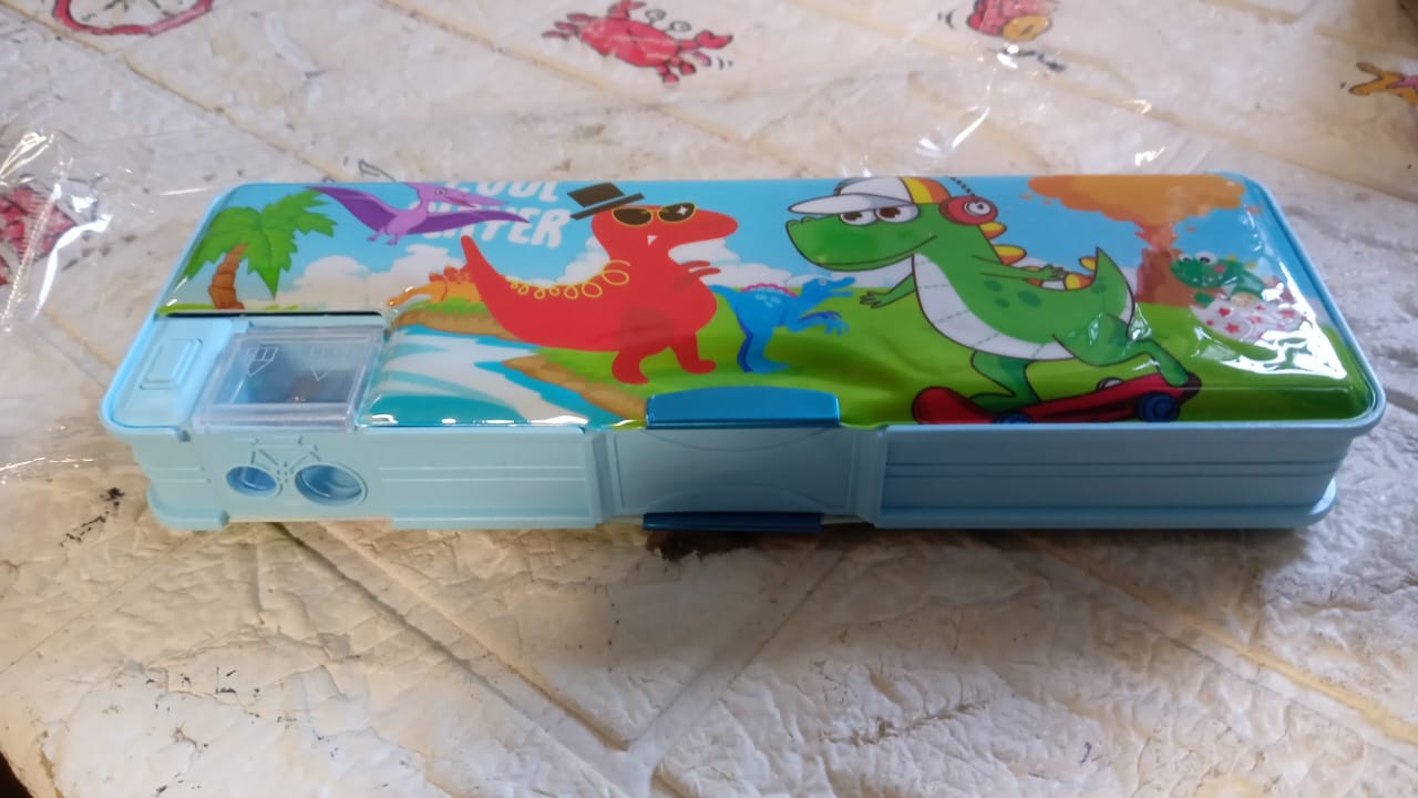 Plastic Multipurpose Compass Box Ã¢â‚¬â€œ Double Deck Pencil Case with 2 Compartments & Cartoon Organizer (1 Pc, Mix Design)