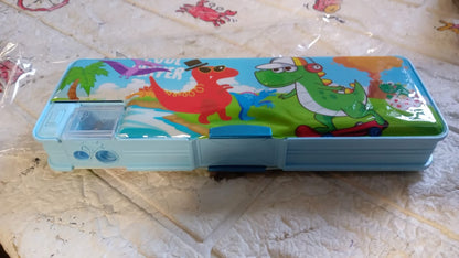 Plastic Multipurpose Compass Box Ã¢â‚¬â€œ Double Deck Pencil Case with 2 Compartments & Cartoon Organizer (1 Pc, Mix Design)