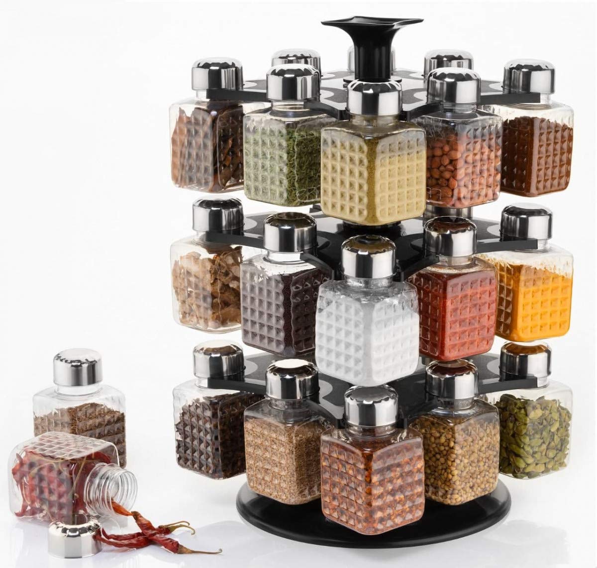 Large 360Â° spice rack with 24 square containers for kitchen use