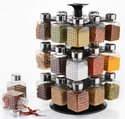 Large 360Â° spice rack with 24 square containers for kitchen use