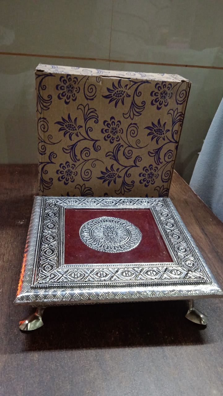 Silver - Square Pooja Chowki Patla / Bajot (20Ãƒâ€”20 CM / 1 Pc)