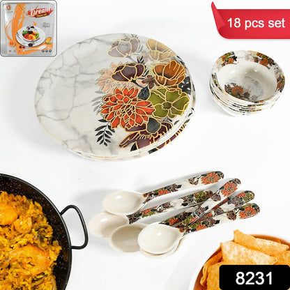 Dream 18-Piece Plastic Dinner Set Ã¢â‚¬â€œ Unique Flower Design, 6 Plates, 6 Bowls & 6 Spoons, Microwave & Dishwasher Safe