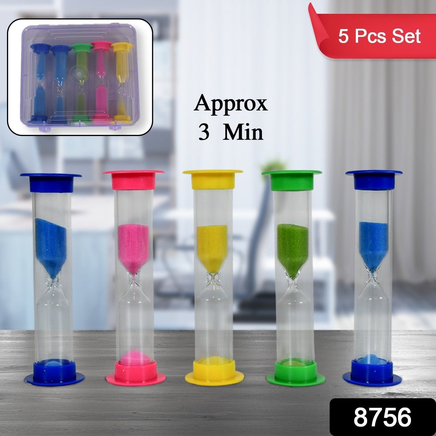 Plastic Hourglass Sand Timer Set Ã¢â‚¬â€œ 3-Min Sand Clock for Kitchen, Office, School & Kids (5 Pc)