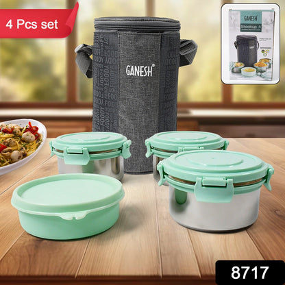 Ganesh 4In1Ã‚Â Tiffin Box-Lunch Box | 3 Stainless Steel Containers 300 Ml Approx & Plastic Salad Container 200 Ml Approx| Plastic lid Box | Round Zip Bag | Leak Proof | Microwave SafeÃ‚Â for Office, College and School for Men, WomenÃ‚Â 