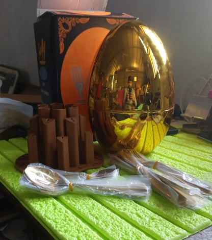 Premium Cutlery Set 24 Pcs with Oval Shaped Stand | Beautiful Stylish Oval Designed Cutlery Sets, Egg-Shaped Luxury Spoon Holder SetÃ‚Â  (Golden / 24 pcs set)