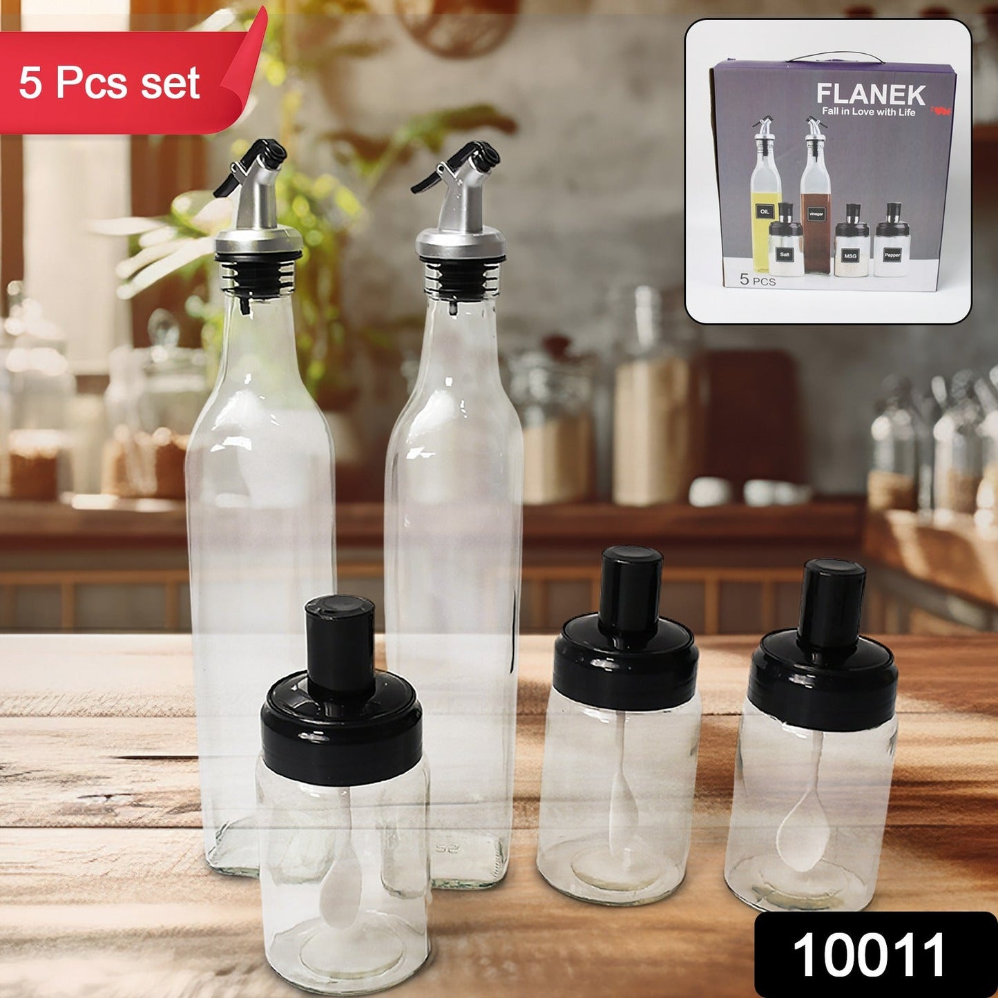 Transparent GlassÃ‚Â Oil Dispenser 500 ML Bottle Set of 2, Spice Jar 250 ML Set of 3, Oil Bottle for Kitchen, Oil & Vinegar Storage Glass Bottle, Glass Container for Spice, Masala (5 Pcs Set)
